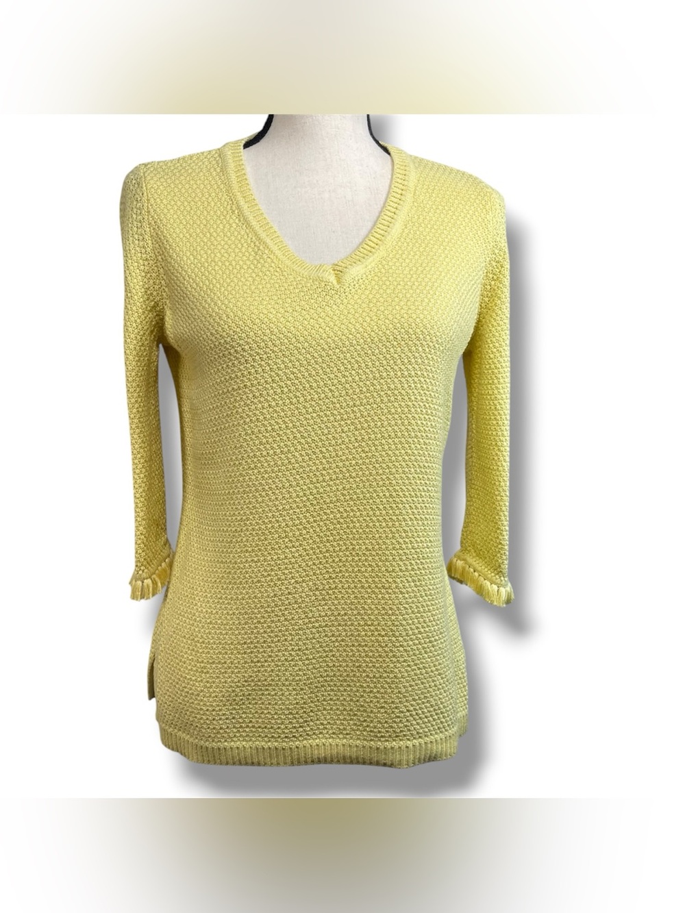 Talbots Butter Yellow V-neck Fringe 100% Cotton Knit Sweater Preppy Whimsical, S